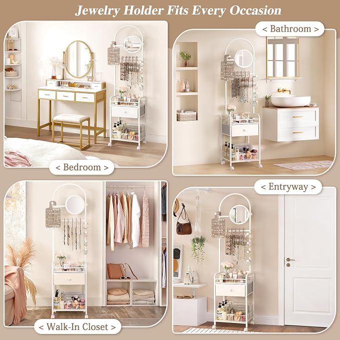 Keebofly Floor Jewelry Organizer with Adjustable Mirror, 67.52" Tall Jewelry Display Stand with 6 Acrylic Earring Necklace Pegboards, Mobile Jewelry Tower with Large Storage Drawer for Women - Image 8