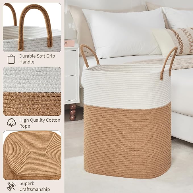 AINUOQI Laundry Basket with Handles - Blanket Basket & Hampers for Bedroom Aesthetic, Laundry Hamper & Blanket Storage for Living Room, Clothes Hamper, Tall, Large 17" x 14" x 22”, White & Jute - Image 3