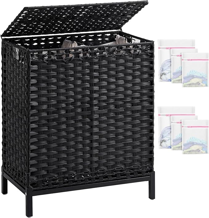 SETVSON Laundry Hamper with Lid, 112 L Handwoven Rattan Wicker Laundry Basket, 2 Removable Liner Bags Metal Heightened Feet, 6 Mesh Bags, 2 Section Large Clothes Hamper for Bathroom Bedroom, Black by SETVSON