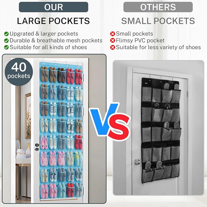 40-Pocket Over the Door Shoe Organizer - Large Mesh Pocket Hanging Shoe Organizer,Behind the Door Shoes Storage Holder Hanger - Image 6