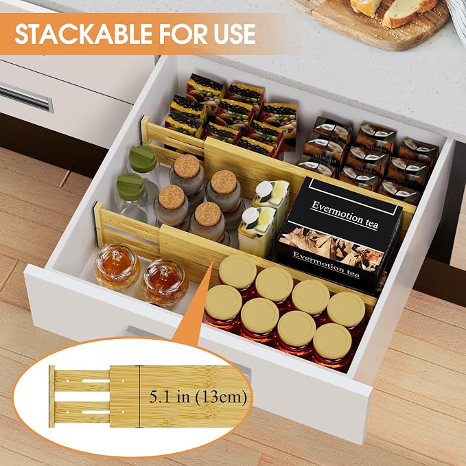 Bamboo Drawer Dividers,17-22" Adjustable Kitchen Drawer Organizer for Clothes,8 Pack Expandable Drawer Organization Separators for Bedroom,Bathroom,Dresser and Office,Natural - Image 5