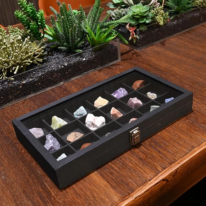 MOOCA Wooden Jewelry Display Case with Tempered Glass Lid & 18 Compartments Tray, Rock Collection Box, Crystal Display Case, Black Color - Image 6