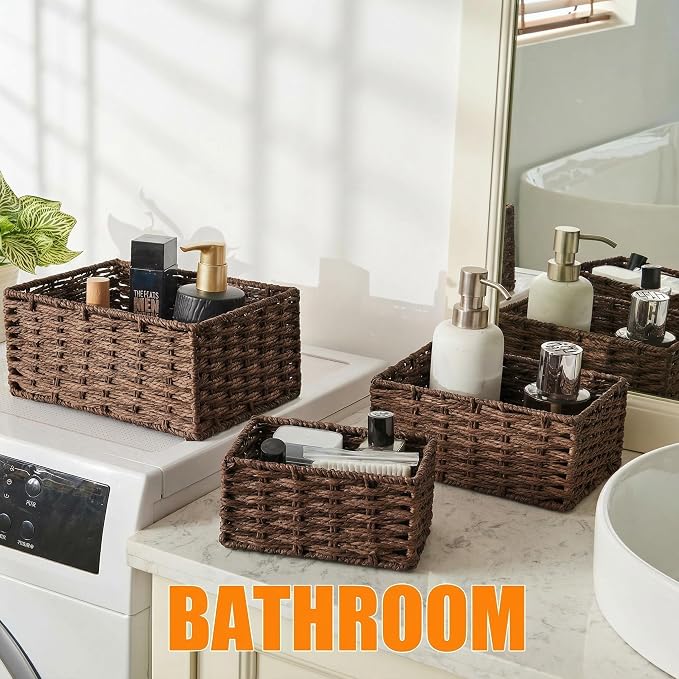 Small Wicker Basket for Organizing, Woven Storage Basket Set of 3 - Handwoven Natural Paper Rope Baskets to Declutter Any Room, Perfect for Organizing and Home Decor (Coffee) - Image 4