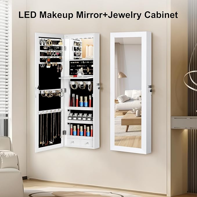 Mirror Jewelry Cabinet, Wall/Door Mounted Jewelry Armoire with Full-Length Mirror, Hanging Jewelry Organizer with LED Interior Lights, White - Image 3