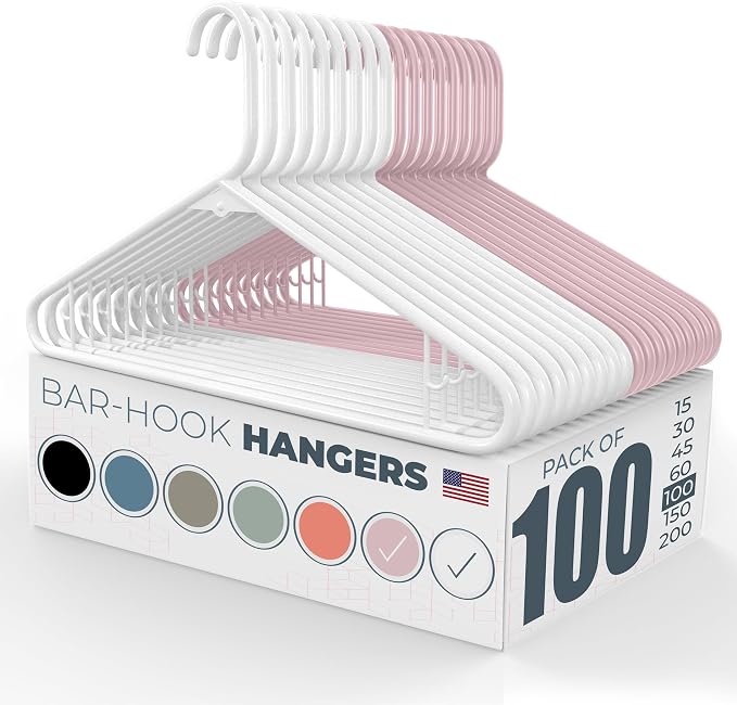 Neaties Plastic Hangers 100 Pack – Made in The USA – 6lb Capacity Standard Clothes Hangers with Strap Hooks for Dresses, Lingerie, Shirts, Pants, and Jackets – White & Pink by NeatiesHangers