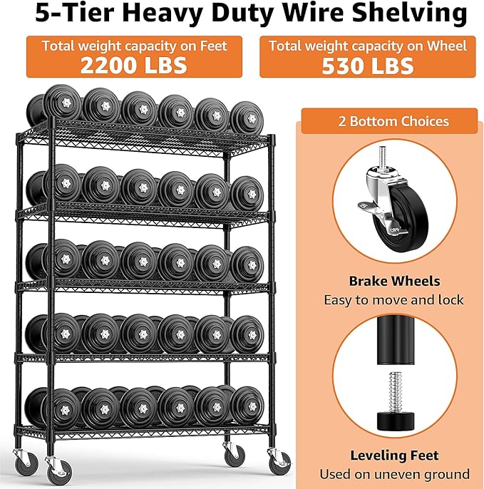 M MZG 53" W Garage Shelving 5 Tier Industrial 2200LBS Metal Shelving Units for Commercial, Basement, Pantry, Warehouse, School, Black Heavy Duty Easy Assembly 53.2" W x 23.6" D x 73.6" H - Image 4