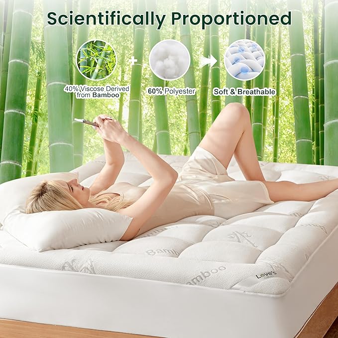Love's cabin Full Size Mattress Topper Viscose Derived from Bamboo, Thick Pillow Top Mattress Pad with Stretchable Pockets for 8"-20" Mattress, Soft Breathable Cooling Mattress Topper for Hot Sleepers