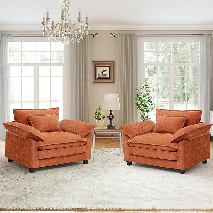 Oversized Accent Chairs Set of 2,44"Modern Living Room Chairs,Chenille Upholstered Cloud Sofa Chair Armchair with Extra Thick,Comfy Accent Chair Reading Chairs for Bedroom Apartment Terracotta Orange
