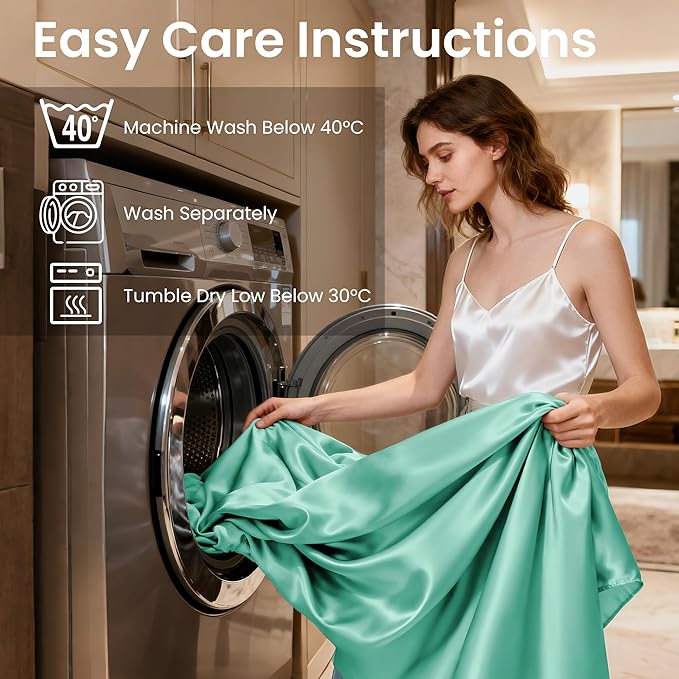Love's cabin Full Satin Bed Linen Set, 4 Piece, Aqua, Silky Soft, Luxury Feeling, Wrinkle Resistant, Deep Pockets, Fitted & Flat Sheets, 2 Pillowcases