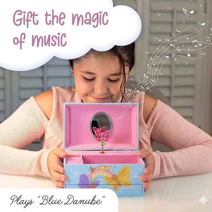 The Memory Building Co Butterfly Musical Jewelry Box Plays Classic Melody, Storage Organizer Music Box for Kids Ages 6-12, MDF Wood w/ 2 Fabric Lined Ring Bracelet Necklace Treasure Compartments - Image 3
