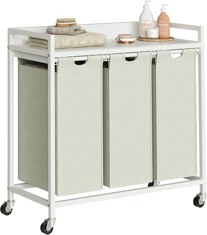 Herture Laundry Hamper with Shelf, Laundry Basket 3 Section, Laundry Sorter with Pull-Out Removable Large Bags and Movable Wheels, Metal Frame, 3 x 15.87 Gallons (60L), White PF04XLW by Herture