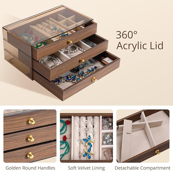 CLUQMEIK 3 Layer Acrylic Case Wooden Drawer Jewelry Organizer with Velvet Lining, Jewelry Box for Women and Girls to Store Rings Earrings Bracelets Necklaces（B） - Image 4