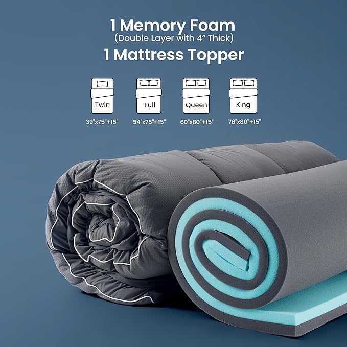 SLEEP ZONE Dual Layer 4 Inch Memory Foam Mattress Topper, 2 inch Cooling Gel Memory Foam Plus 2 inch Waterproof Removable Pillowtop Mattress Pad Cover, Comfort Support (King)