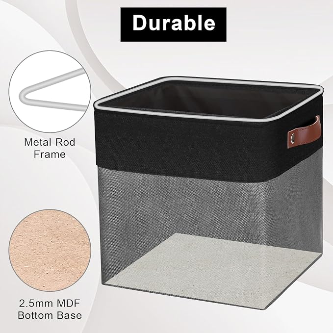 Bagnizer Collapsible Fabric Storage Cubes 11x11 Cube Storage Bins, 4 Pack Closet Baskets Box with Handles for Organizing, Shelf, Toys, Clothes, Home, Office, Nursery (Grey&Black) - Image 4