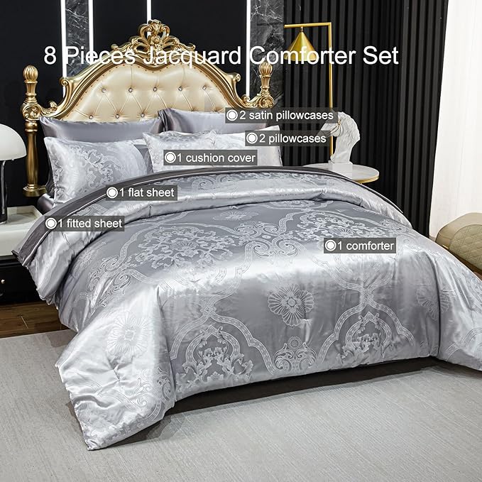 Grey King Comforter Set Jacquard Bedding Set 8 Pcs Satin Sheet Set Vintage Neoclassical Floral Elegant Bed Home Decor Soft Down Comforter Luxury Hotel Silky Bed in a Bag with 1 Cushion Cover