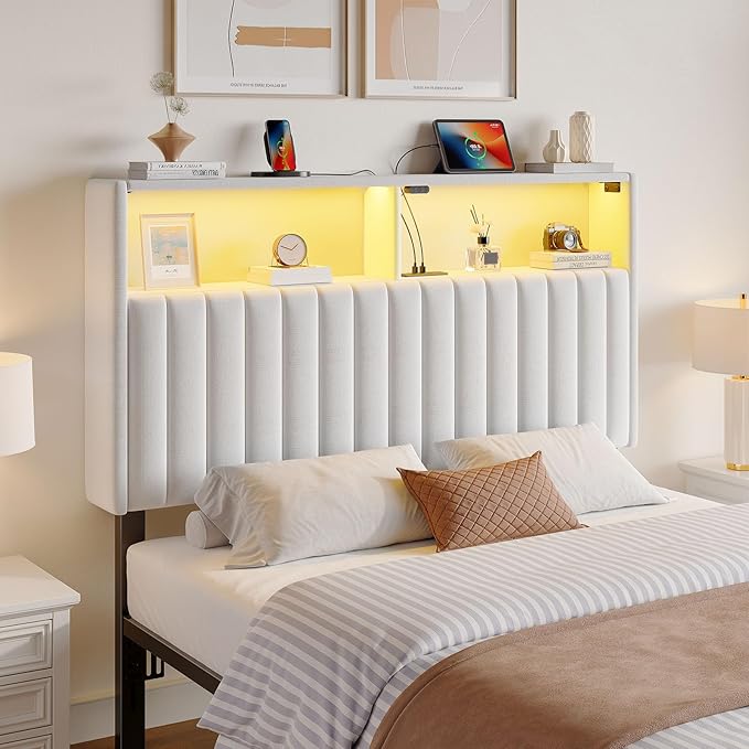 Rolanstar Headboard for Twin Size Bed with Storage, 60,000 DIY Color of LED Light, Head Board with USB & Type C Port, Height Adjustable, Velvet Upholstered, Comfortable Modern, Light White