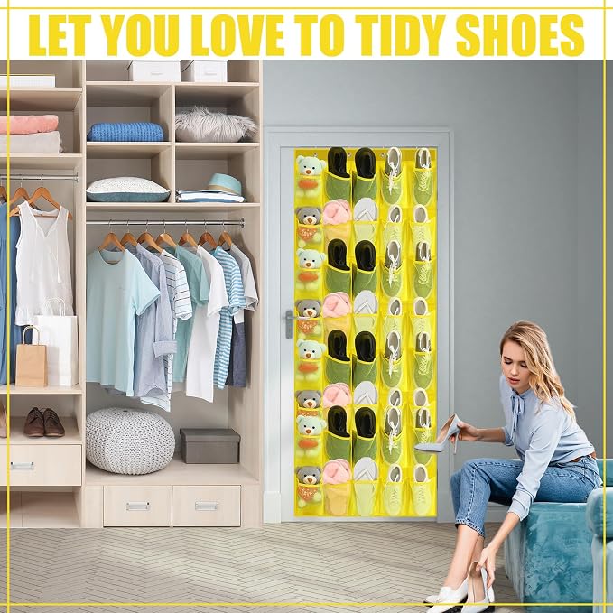 Windyun 40 Over the Door Shoe Organizer Large Mesh Pocket Hanging Shoe Rack for Closet Yellow Nonslip Behind Door Storage Holder Back to School Organizer for Dorm Room College Classroom Storage - Image 3