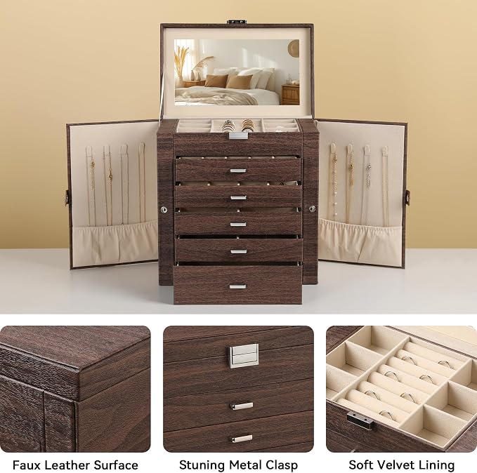 Frebeauty Large Jewelry Box,6-Tier PU Leather Jewelry Organizer,Multi-functional Storage Case with Mirror,Accessories Holder with 5 Drawers for Necklace Bracelets Watches(Tree Brown) - Image 4
