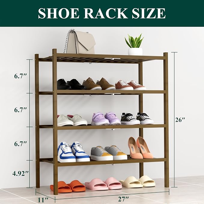Smiry Shoe Rack, 4 Tier Thick Bamboo Shoe Organizer, Stackable Free Standing Wooden Shoe Storage Shelf for Closet, Entryway, Front Door Entrance, Walnut - Image 2
