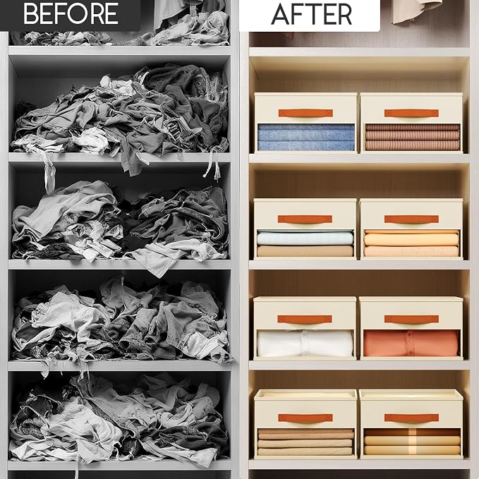 Homsorout Drawer Organizers and Storage - 6 Pack Foldable Pants Organizer with Clear Window & Handles, Fabric Closet Organizer for Clothes, Jeans, Sweaters, Towels, T-shirt, Scarf (Beige) - Image 5