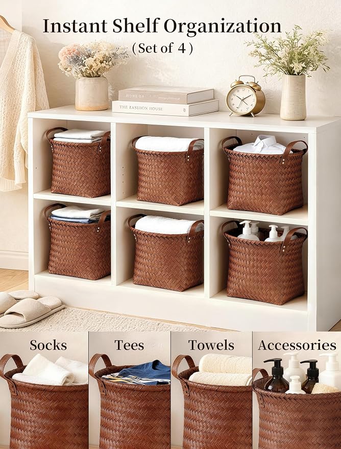 Hand Woven Baskets for Storage, 4Pcs Water-Resistant Wicker Baskets, Brown Wicker Storage Baskets for Shelves, Large Basket with Handle for Organizing, Closet, Laundry, Blanket - Round - Image 2