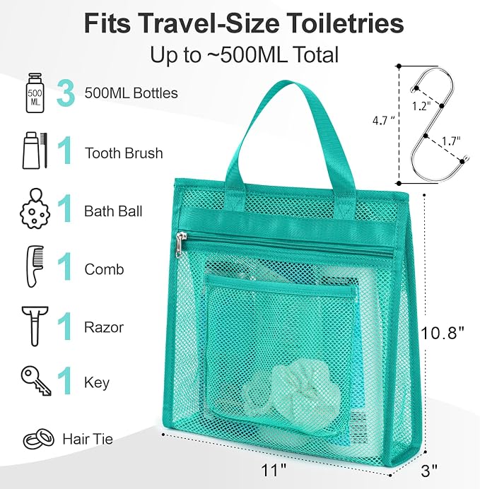 F-color Mesh Shower Caddy Portable Hanging - 3 Pockets Small Shower Bag Tote for Camping, Gym, Travel, Toiletry, Quick Dry Bathroom Essentials with S Hook, Mint Green - Image 3