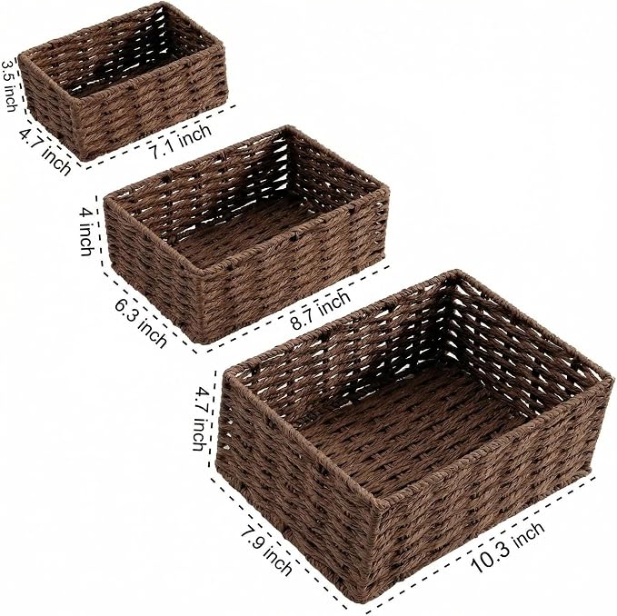 Small Wicker Basket for Organizing, Woven Storage Basket Set of 3 - Handwoven Natural Paper Rope Baskets to Declutter Any Room, Perfect for Organizing and Home Decor (Coffee) - Image 6