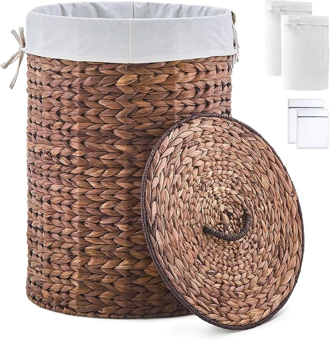 Round Water Hyacinth Laundry Hamper with Lid Handwoven Wicker Basket with Handles for Dirty Clothes, Storage, and Organization Ideal for Bedroom, Bathroom, and Laundry Room, No Assembly Required, 90L by LGENHOOMHandwovenNaturalWaterHyacinthBasket