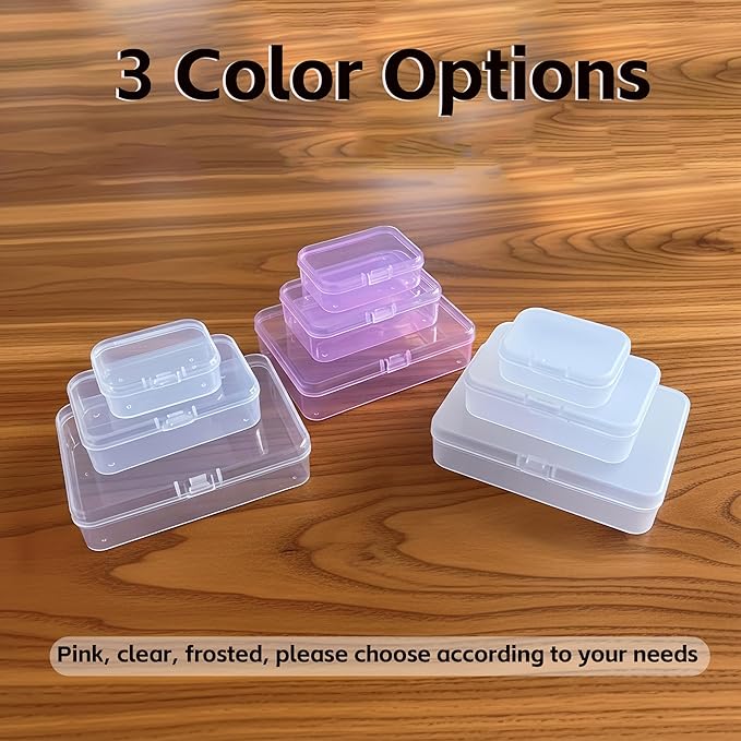 LJY 28-Piece Plastic Storage Containers with Lids (3 Assorted Sizes), Rectangular Organizer Box Set Pink Tinted Organizer Cases for Sewing, Stickers & Crafts, Color-Coded Storage, Pink