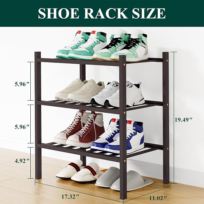 Smiry Shoe Rack, 3 Tier Small Bamboo Shoe Organizer, Stackable Free Standing Wooden Shoe Storage Shelf for Closet, Entryway, Front Door Entrance, Brown - Image 2