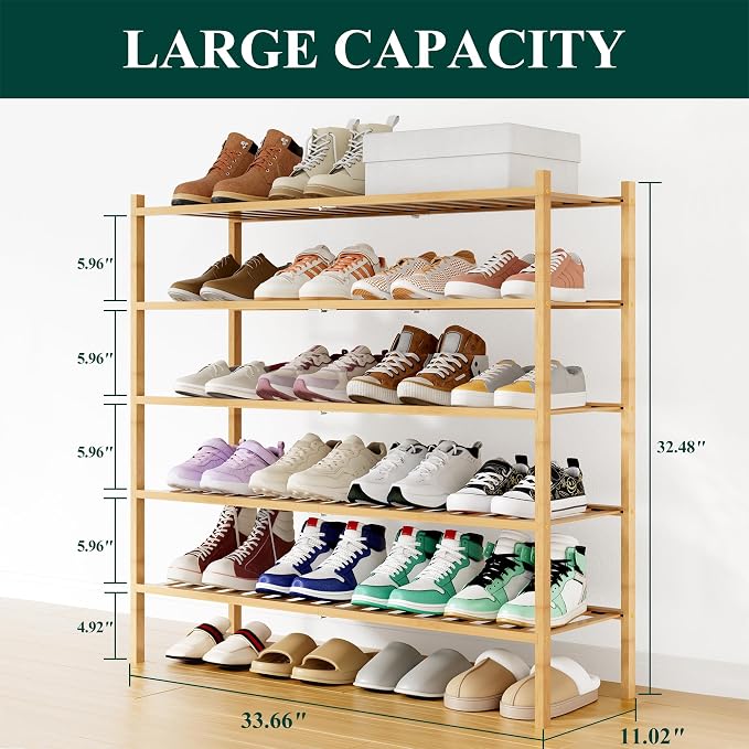 Smiry Shoe Rack, 5 Tier Long Bamboo Shoe Organizer, Stackable Free Standing Wooden Shoe Storage Shelf for Closet, Entryway, Front Door Entrance, Natural - Image 2
