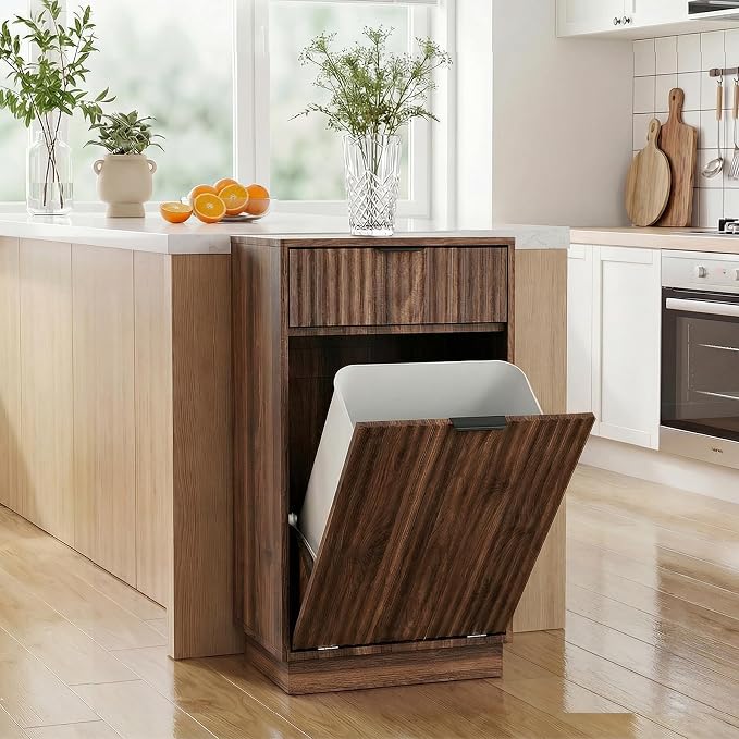 Tilt-Out Trash Cabinet with 10-Gallon Capacity, Walnut Laundry Hamper Cabinet, 34.3 x 19 x 13.8 inches, Wave-Textured Front. - Image 8