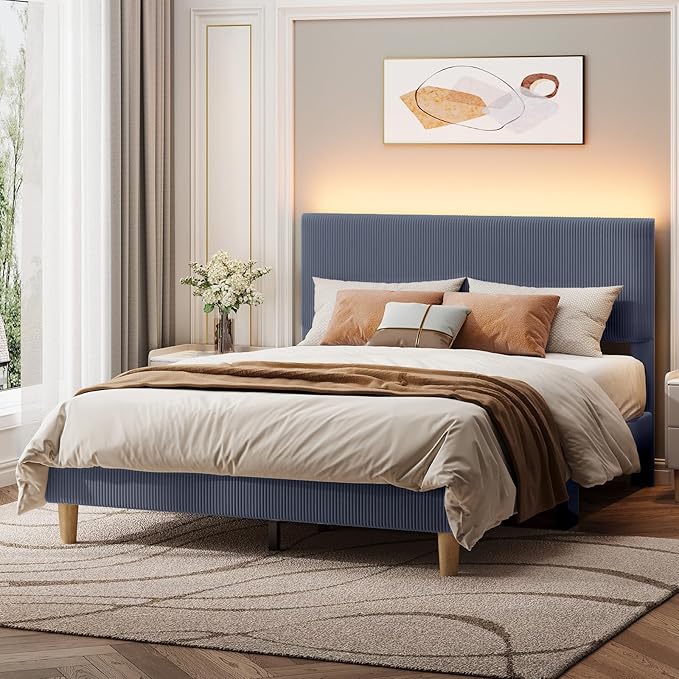 Bestier Queen Bed Frame with Headboard,Platform Queen Size Bed Frame with LED Lighting,Bed Frame Wooden Slats Support,No Box Spring Needed,Never Squeaks, Easy Assembly,Blue