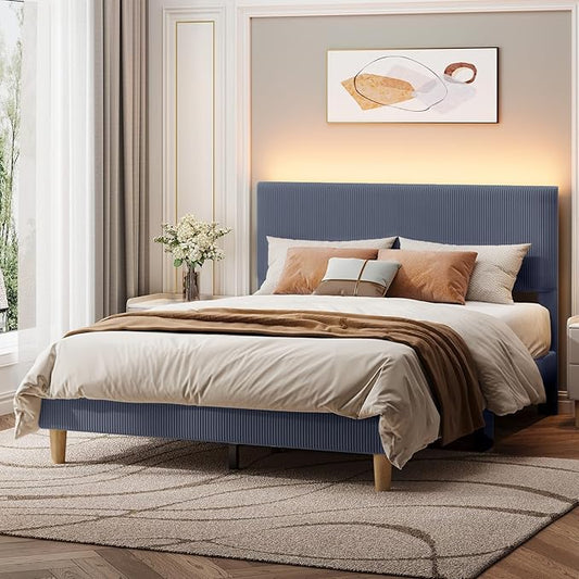 Bestier Queen Bed Frame with Headboard,Platform Queen Size Bed Frame with LED Lighting,Bed Frame Wooden Slats Support,No Box Spring Needed,Never Squeaks, Easy Assembly,Blue