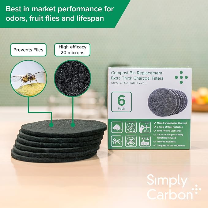 2 Years Supply Extra Thick Filters for Kitchen Compost Bins - Longer Lasting Activated Charcoal - Universal Size Fits ALL Compost Bins up to 7.25" Filter Size - Replacement Set of 6 (by Simply Carbon) - Image 2