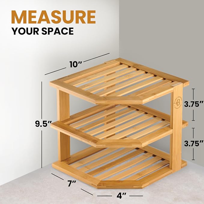 Plate Organizer for Cabinet - 3 Tier Bamboo Corner Shelf Cabinet Organizer for Plates, Bowls, Mugs and Pantry Storage, Space Saving Countertop and Cabinet Corner Shelf, 10 x 10 x 9.5 Inch, Bambusi - Image 3
