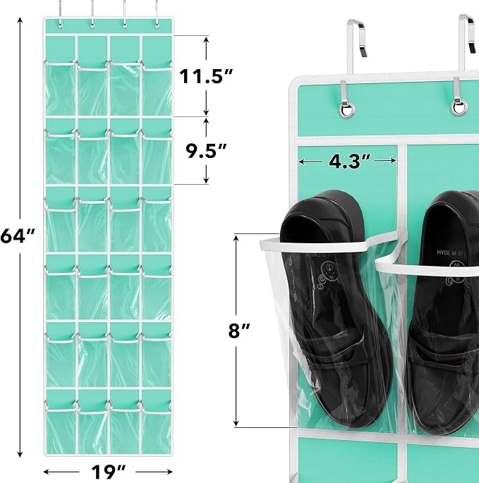 Simple Houseware 24 Pockets - Crystal Clear Over The Door Hanging Shoe Organizer, Turquoise (64'' x 19'') - Image 2