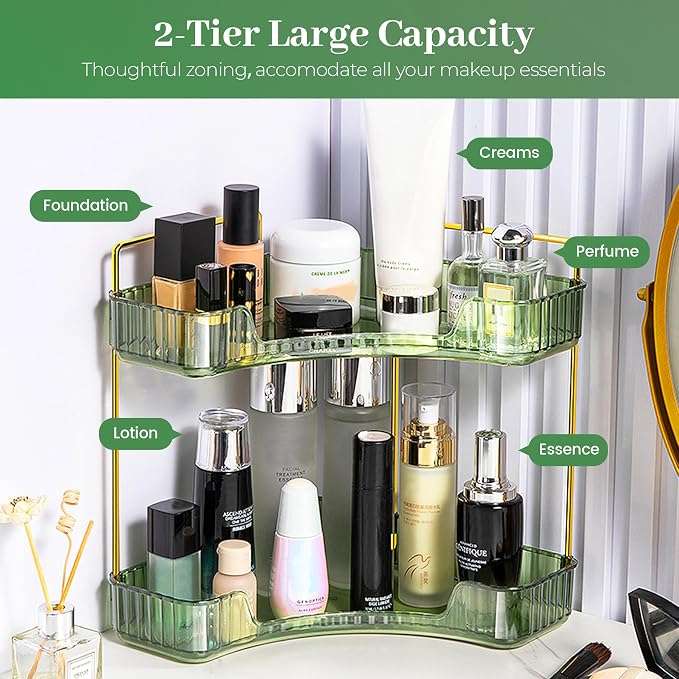 Aveniee Corner Bathroom Counter Organizer, Bathroom Countertop Shelf Makeup Organizer for Vanity Perfume Tray for Corner Storage (2 Tiers, Green) - Image 2