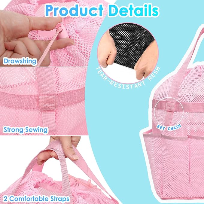 Fammart Mesh Shower Caddy Portable with Drawstring, Dorm Room Essentials for College Girls Guys, 8-Pocket Extra Large Shower Bag Basket Tote for Camping Beach Gym Travel Toiletry Bathroom - Image 5