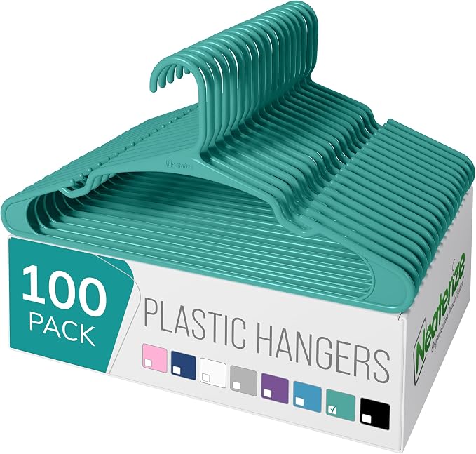 NEATERIZE Clothes Hangers Plastic 100 Pack for Adults - Plastic Hangers, The Perfect Coat Hanger and Space Saving Clothes Hangers for Closet - Aqua Hangers by Neaterize