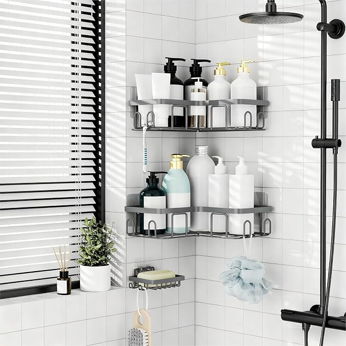 Moforoco Corner Shower Caddy Shelf Organizer Rack, Self Adhesive Grey Bathroom Shelves Basket, Home Wall Shower Inside Organization and Storage Decor RV Accessories, First Apartment Essentials - Image 4
