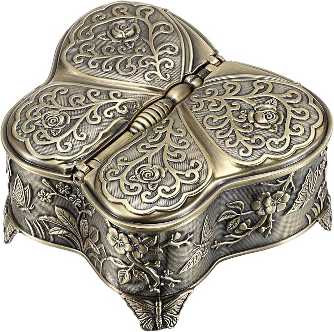 Hipiwe Vintage Metal Jewelry Trinket Box - Butterfly Shape Jewelry Organizer Treasure Chest Ring Holder Earrings Necklace Storage Box Keepsake Box,Brozne,Medium - Image 9