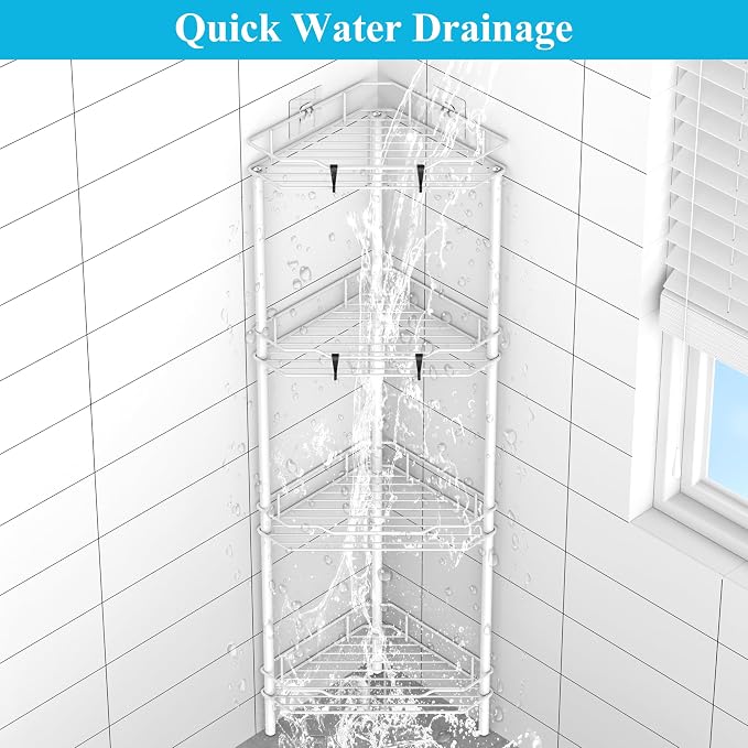 HuggieGems 4 Tier Floor Standing Corner Shower Caddy Organizer Shelf with Hooks, Bathroom Shelves Stand Rack, White - Image 6