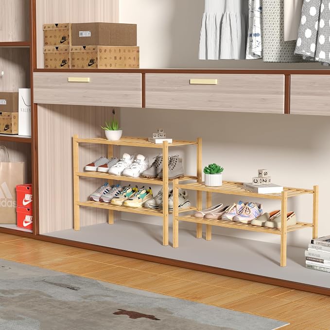 ROMGUAR CRAFT 2 Tier Bamboo Shoe Rack for Closet Free Standing Wood Shoe Shelf for Entryway Small Space Stackable 27"x11"x13" (Natural) - Image 4