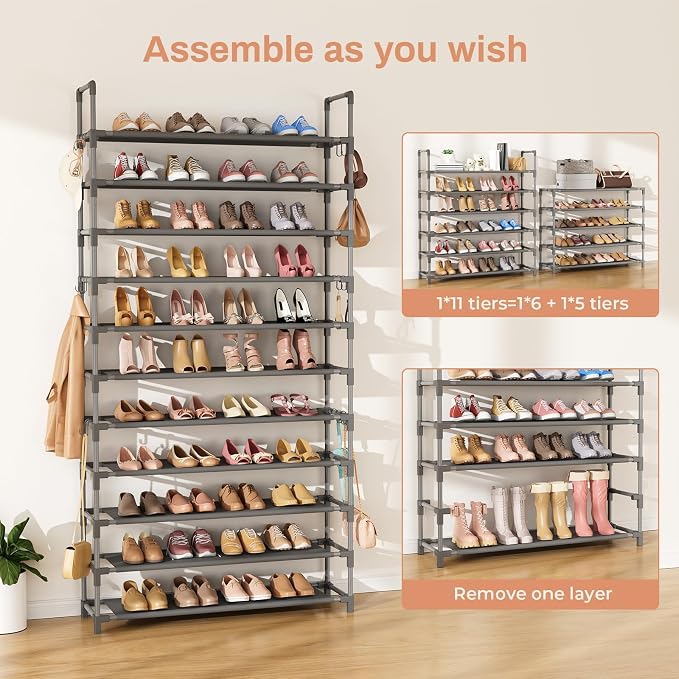 LANTEFUL 11 Tiers Tall Shoe Rack Holds 55 Pairs of Shoes with 18pcs Hooks Sturdy Wide Shoe Organizer Storage Free Standing Metal Shoe Shelf for Closet, Entryway Grey - Image 5