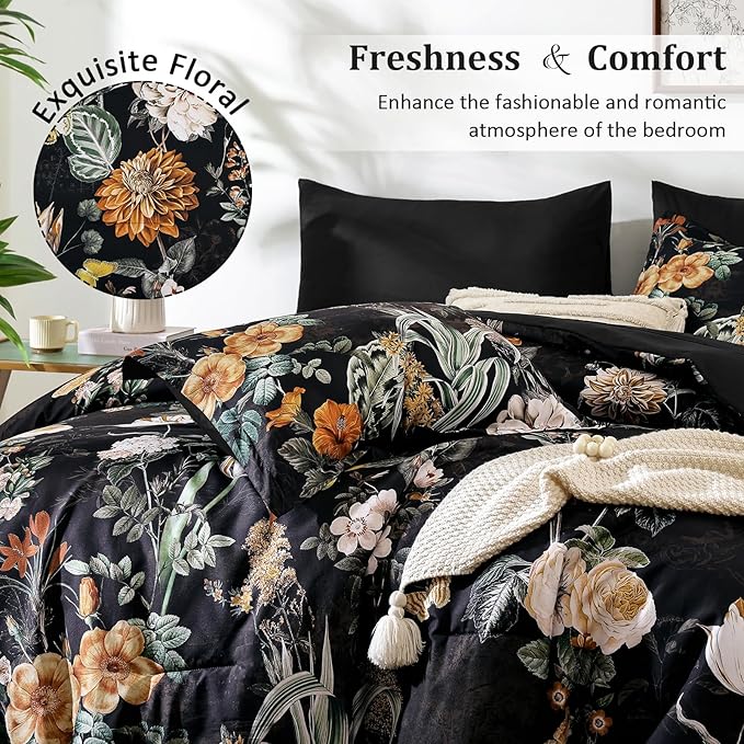 WONGS BEDDING Black Comforter Set Queen, 7 Pieces Bed in a Bag Botanical Floral Comforter Bedding Set, Soft Microfiber Comforter with Flat Sheet, Fitted Sheet, Pillow Shams, Pillowcases