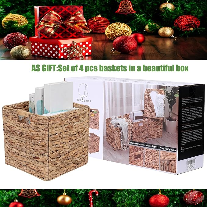 12x12in Storage Baskets Set of 4 Water Hyacinth Baskets,Foldable Handwoven Storage Cubes,Wicker Cube Baskets Laundry Organizer Totes for Home - Image 4