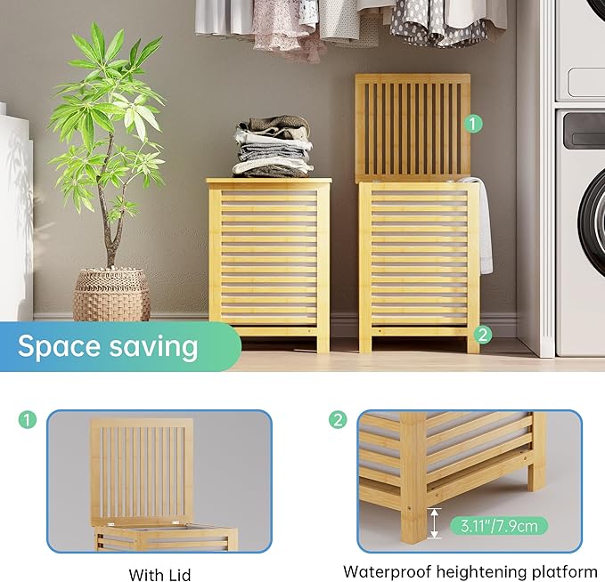 SMIBUY Double Laundry Hamper with Lid, 120L Bamboo Laundry Basket with Removable Liner Bag, 2-Section Clothes Divider Laundry Sorter for Laundry Room, Bathroom, Bedroom (Natural) - Image 6