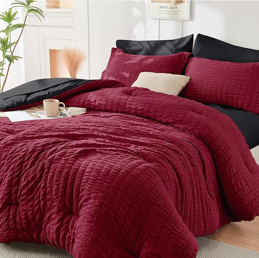 HYMOKEGE Red & Black Queen Comforter Set Seersucker 7 Pieces, All Season Luxury Bed in a Bag for Bedroom, Bedding Set with Comforters, Sheets, Pillowcases & Shams