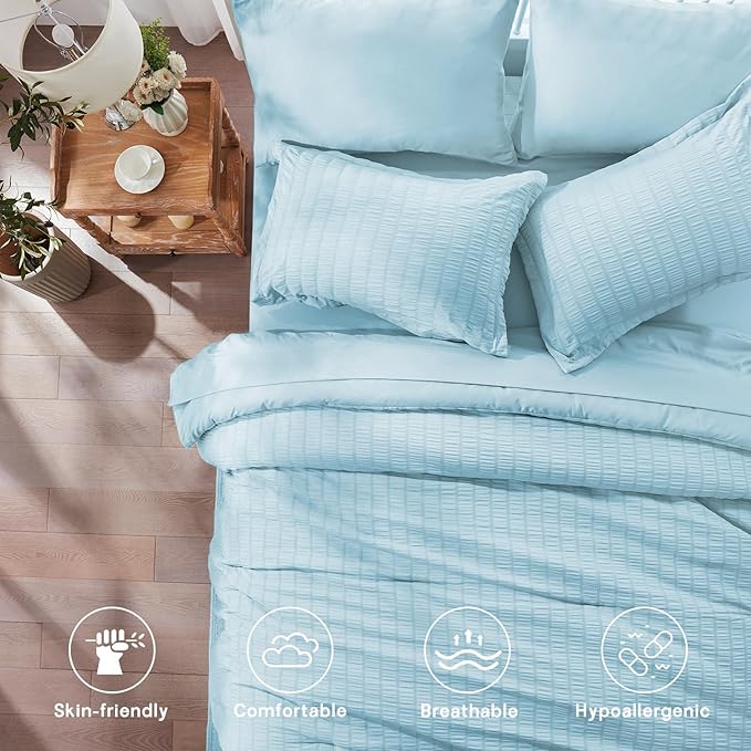 Zzlpp Twin Comforter Set 5 Pieces, Light Blue Seersucker Bed in a Bag with Comforter and Pillowcase, All Season Bedding Sets with 1 Comforter, 1 Pillow Sham, 1 Flat Sheet, 1 Fitted Sheet
